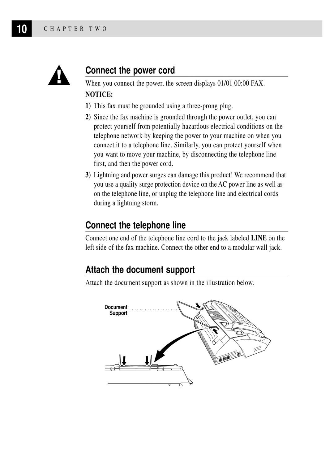 Brother FAX 375MC, FAX 355MC owner manual Connect the power cord, Connect the telephone line, Attach the document support 