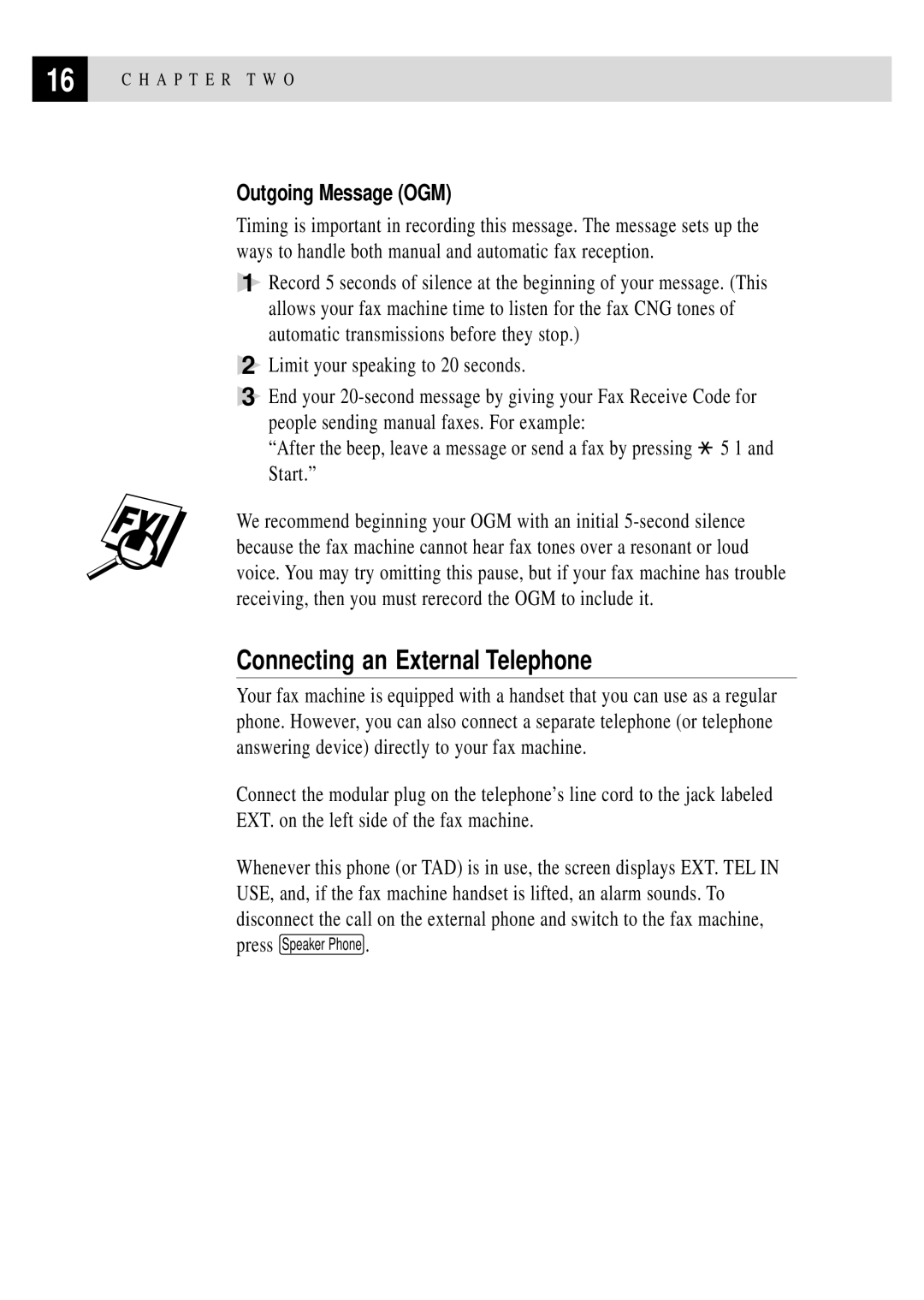 Brother FAX 375MC, FAX 355MC owner manual Connecting an External Telephone, Outgoing Message OGM 