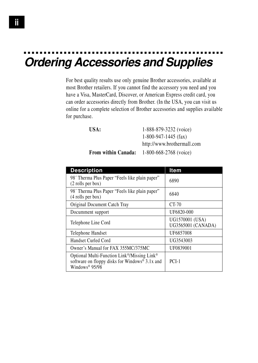 Brother FAX 375MC, FAX 355MC owner manual Ordering Accessories and Supplies, Description 