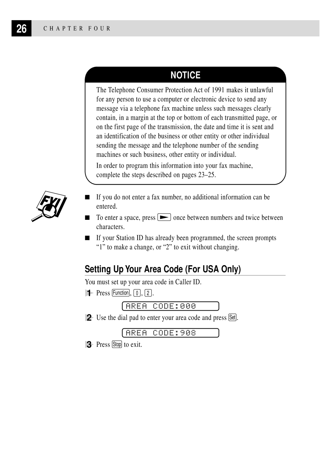 Brother FAX 375MC, FAX 355MC owner manual Setting Up Your Area Code For USA Only, Area CODE000, Area CODE908 