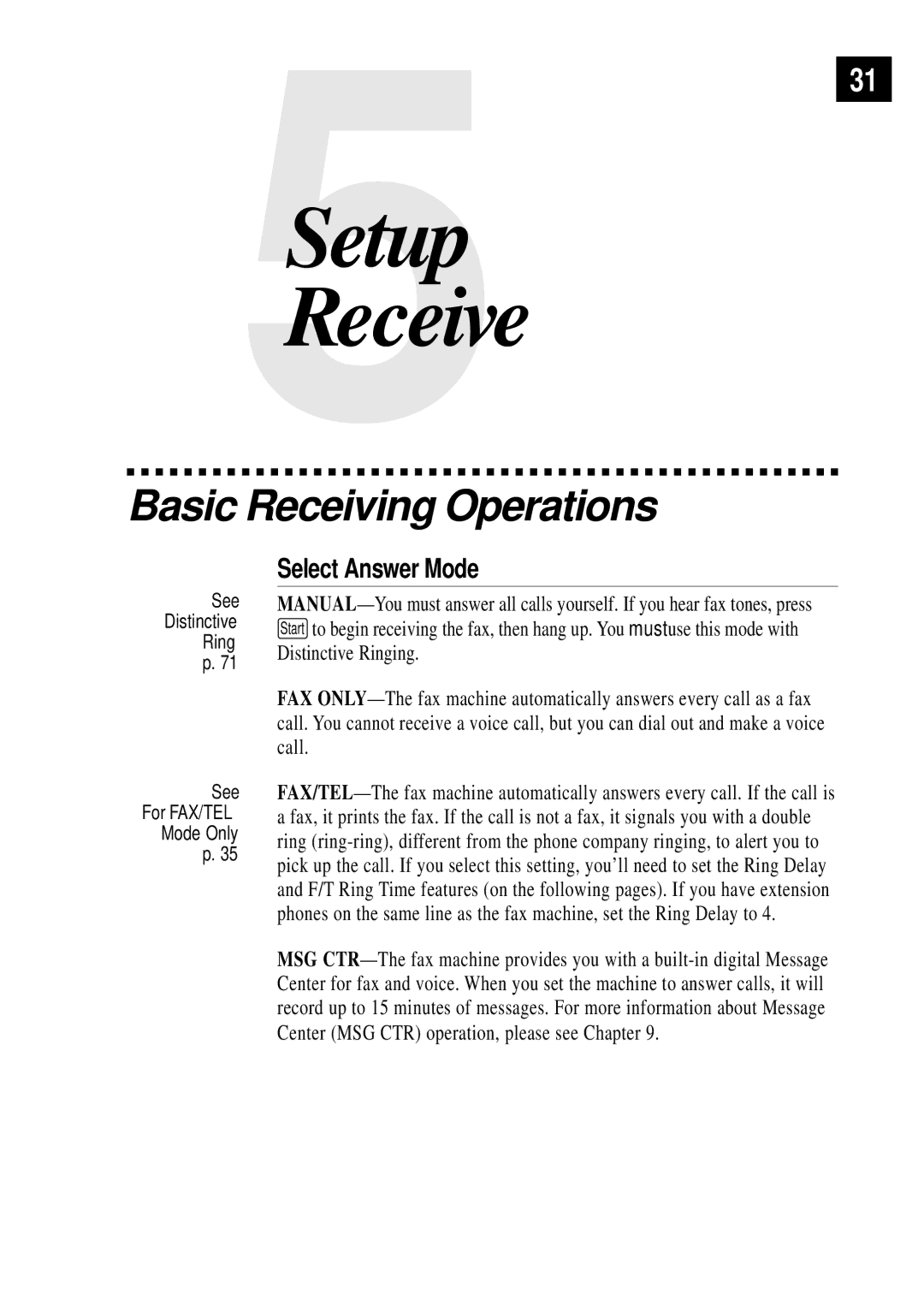 Brother FAX 355MC, FAX 375MC owner manual Basic Receiving Operations, Select Answer Mode 