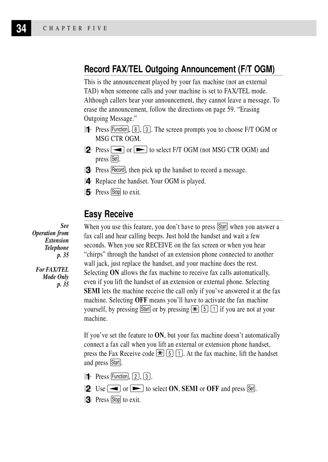 Brother FAX 375MC, FAX 355MC owner manual Record FAX/TEL Outgoing Announcement F/T OGM, Easy Receive 