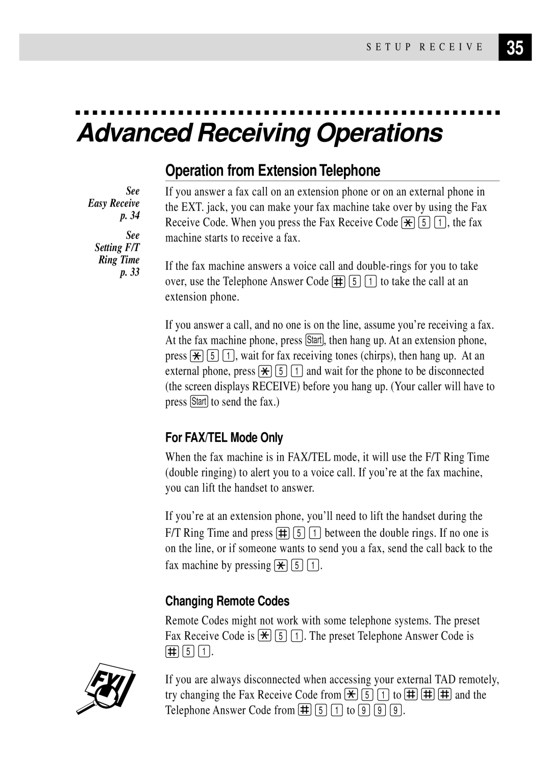 Brother FAX 355MC, FAX 375MC Advanced Receiving Operations, Operation from Extension Telephone, For FAX/TEL Mode Only 