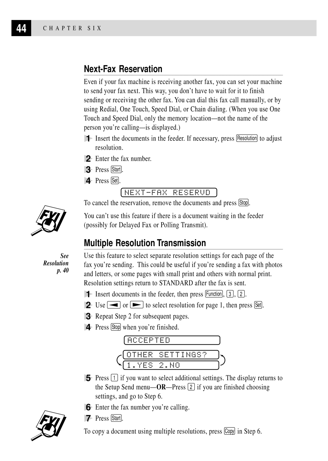 Brother FAX 375MC, FAX 355MC owner manual Next-Fax Reservation, Multiple Resolution Transmission, NEXT-FAX Reservd 