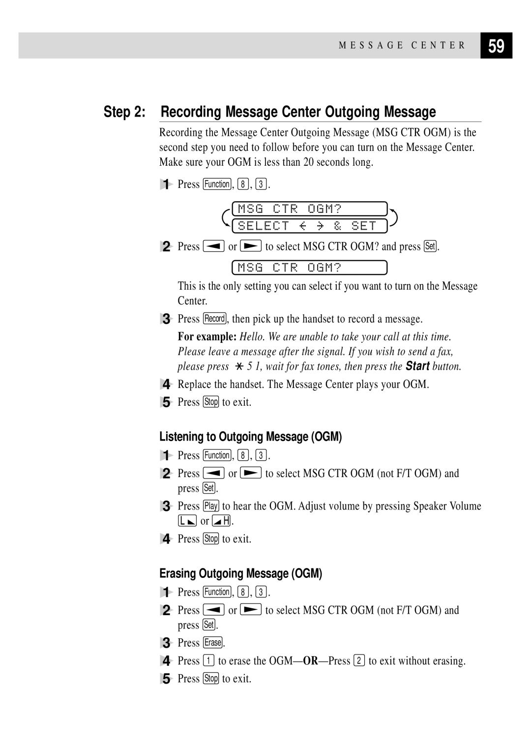 Brother FAX 355MC, FAX 375MC owner manual Recording Message Center Outgoing Message, MSG CTR OGM? Select & SET, Msg Ctr Ogm? 