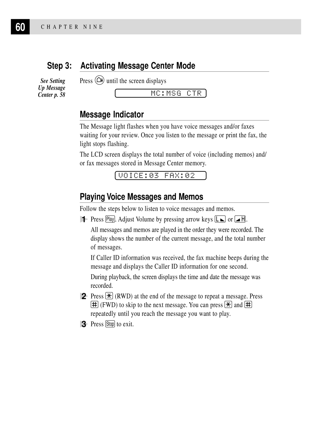 Brother FAX 375MC Step, Activating Message Center Mode, Message Indicator, Playing Voice Messages and Memos, VOICE03 FAX02 