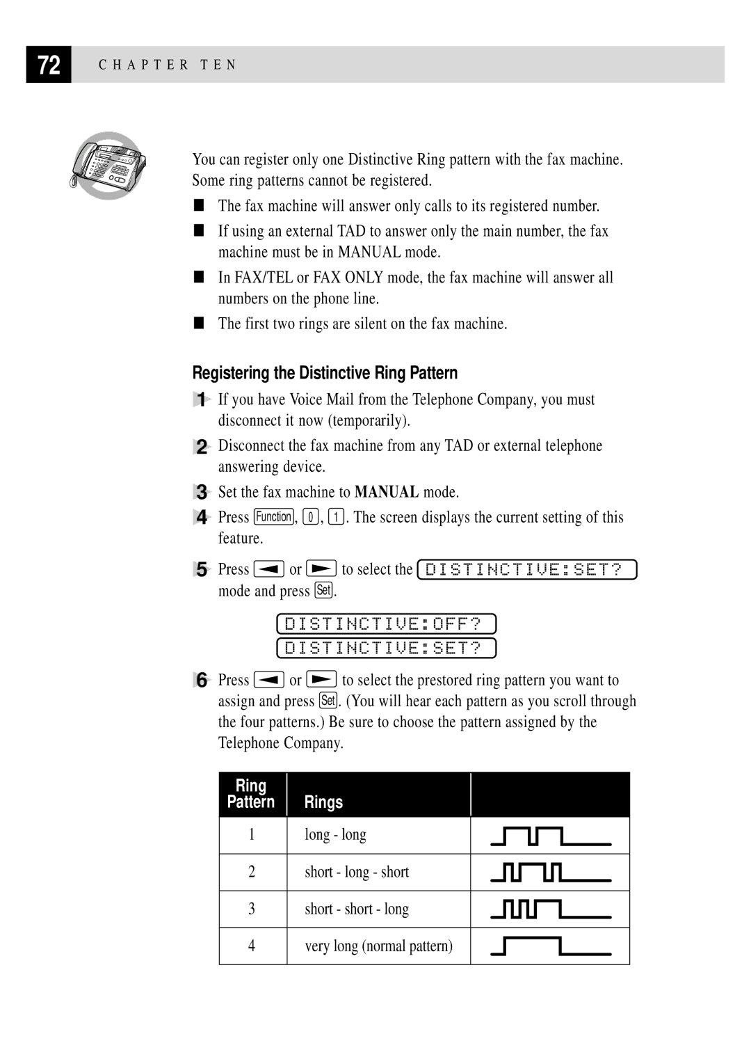 Brother FAX 375MC, FAX 355MC owner manual Distinctiveoff? Distinctiveset?, Registering the Distinctive Ring Pattern 