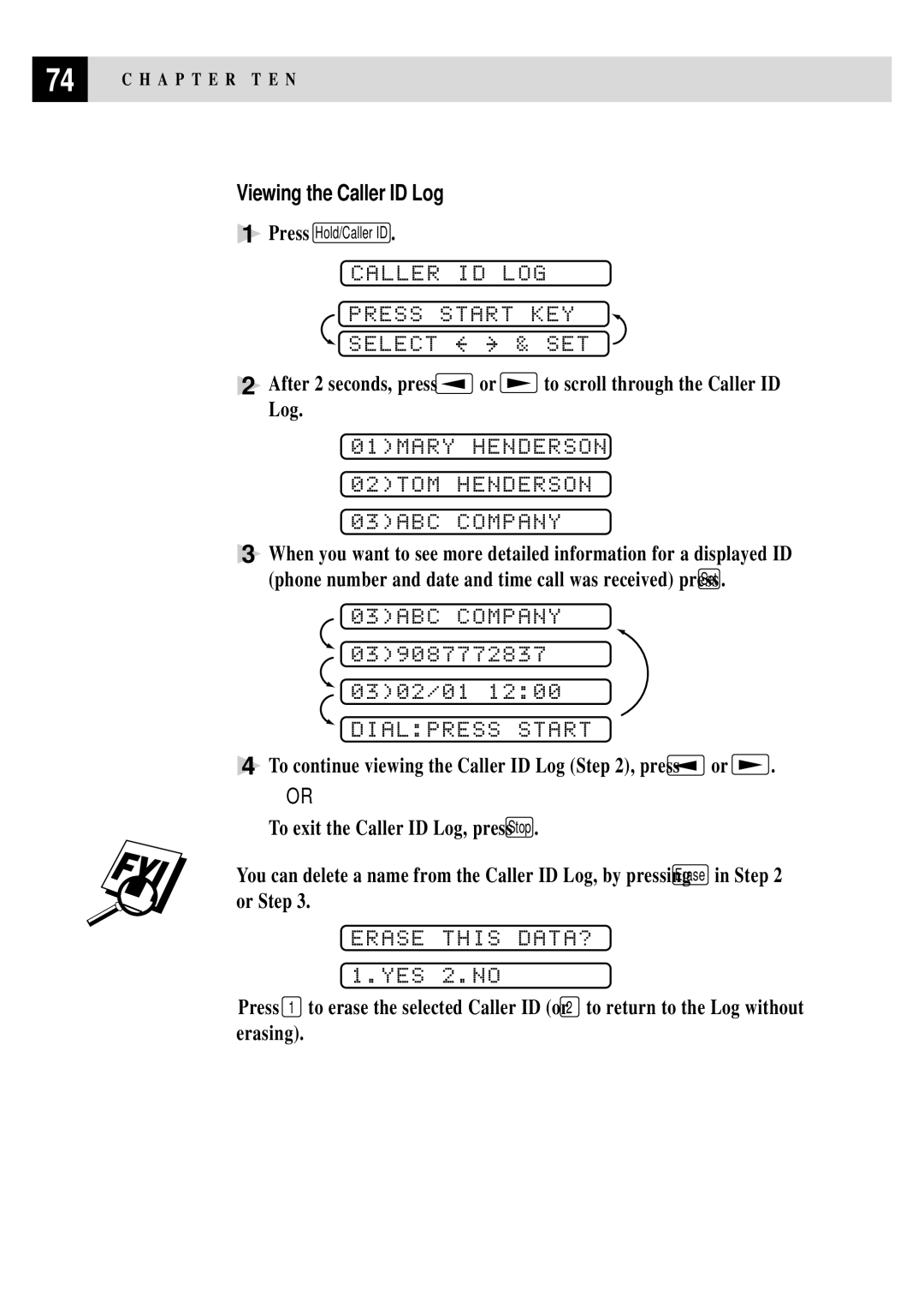 Brother FAX 375MC, FAX 355MC Caller ID LOG Press Start KEY Select & SET, 01MARY Henderson 02TOM Henderson 03ABC Company 