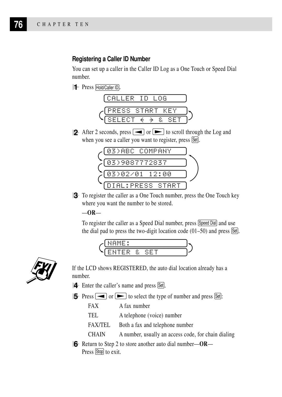 Brother FAX 375MC, FAX 355MC owner manual Registering a Caller ID Number, Chain 