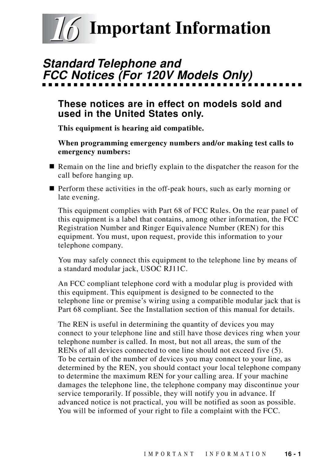 Brother FAX 4750 manual Important Information, Standard Telephone FCC Notices For 120V Models Only 