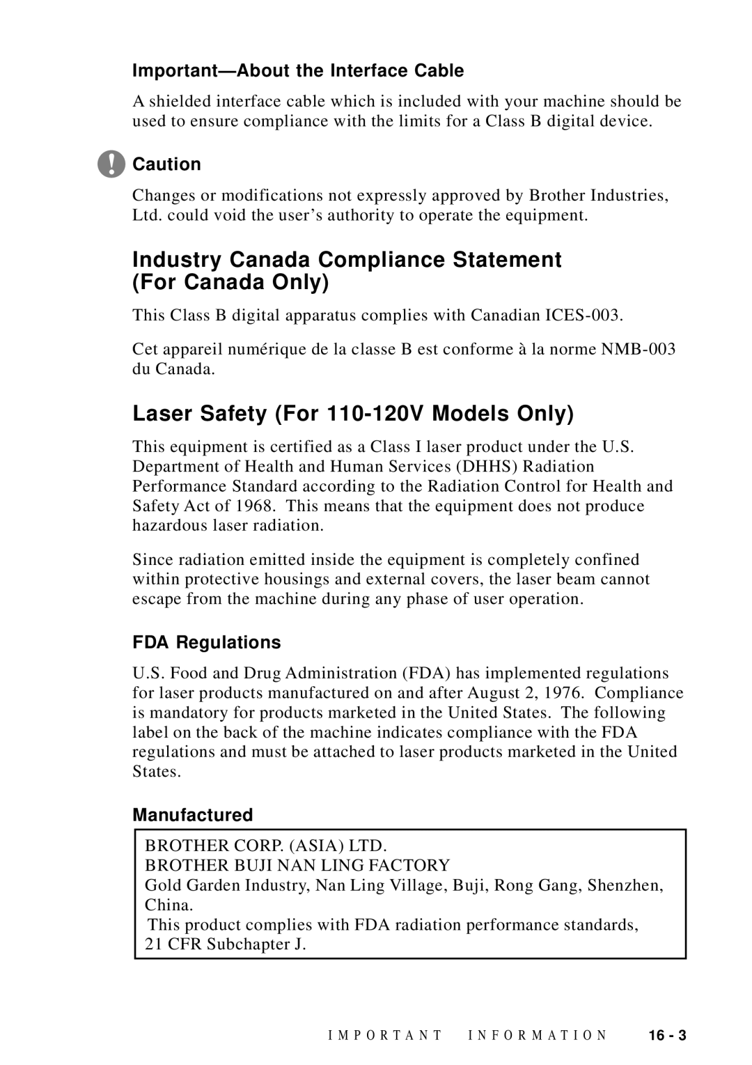 Brother FAX 4750 Industry Canada Compliance Statement For Canada Only, Laser Safety For 110-120V Models Only, Manufactured 