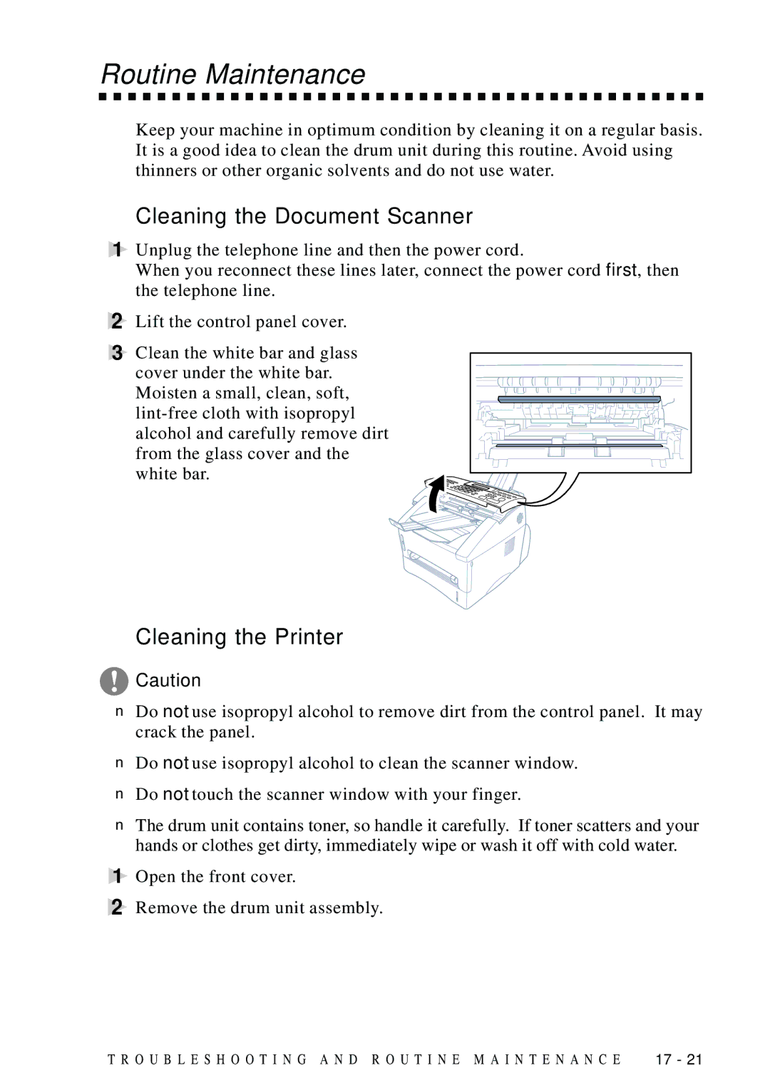 Brother FAX 4750 manual Routine Maintenance, Cleaning the Document Scanner, Cleaning the Printer 