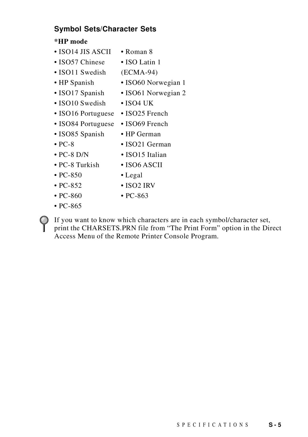 Brother FAX 4750 manual Symbol Sets/Character Sets, HP mode 