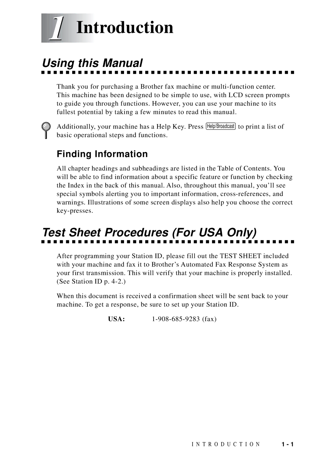 Brother FAX 4750 manual Introduction, Using this Manual, Test Sheet Procedures For USA Only, Finding Information 