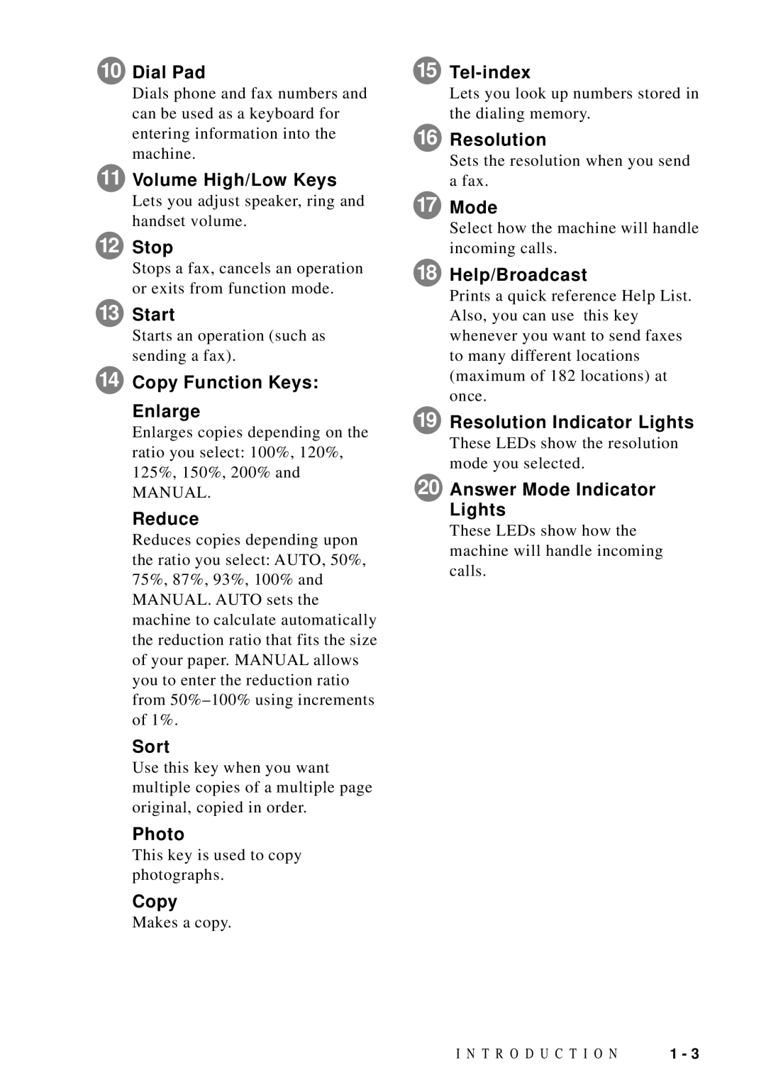 Brother FAX 4750 Dial Pad, Volume High/Low Keys, Stop, Start, Copy Function Keys Enlarge, Reduce, Sort, Photo, Tel-index 