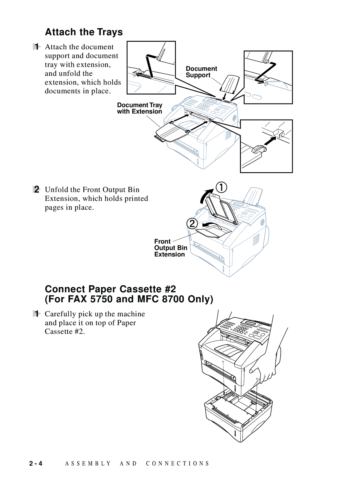 Brother FAX 4750 manual Attach the Trays, Connect Paper Cassette #2 For FAX 5750 and MFC 8700 Only 