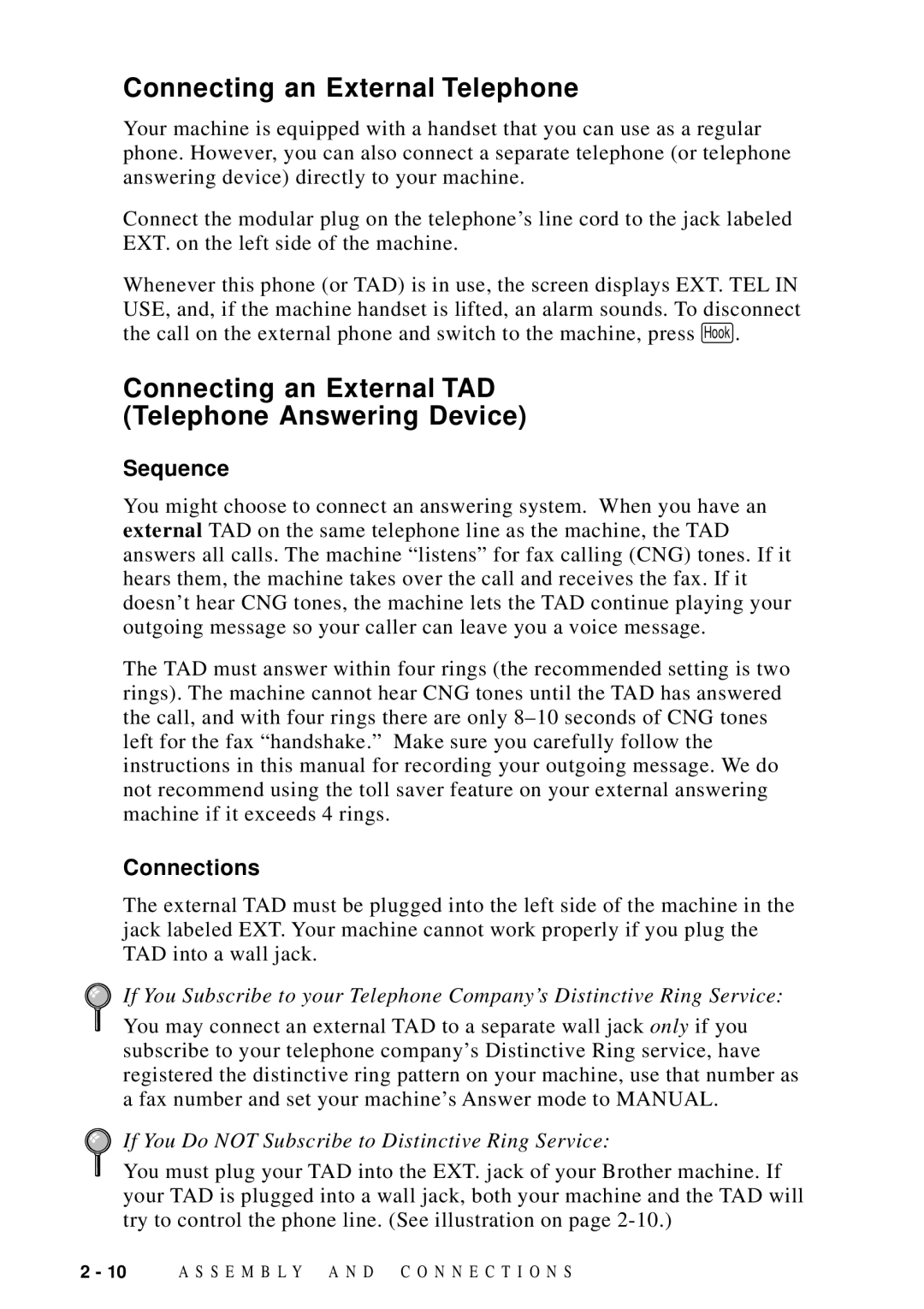 Brother FAX 4750 manual Connecting an External Telephone, Connecting an External TAD Telephone Answering Device, Sequence 