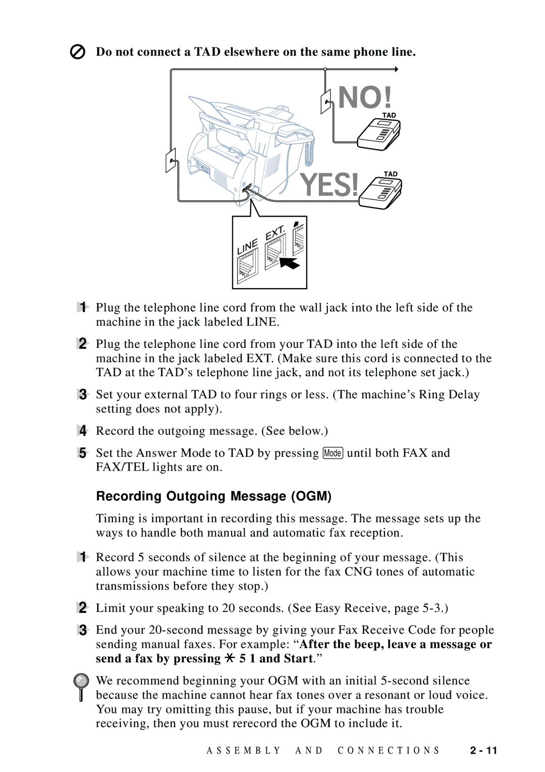 Brother FAX 4750 manual Do not connect a TAD elsewhere on the same phone line, Recording Outgoing Message OGM 