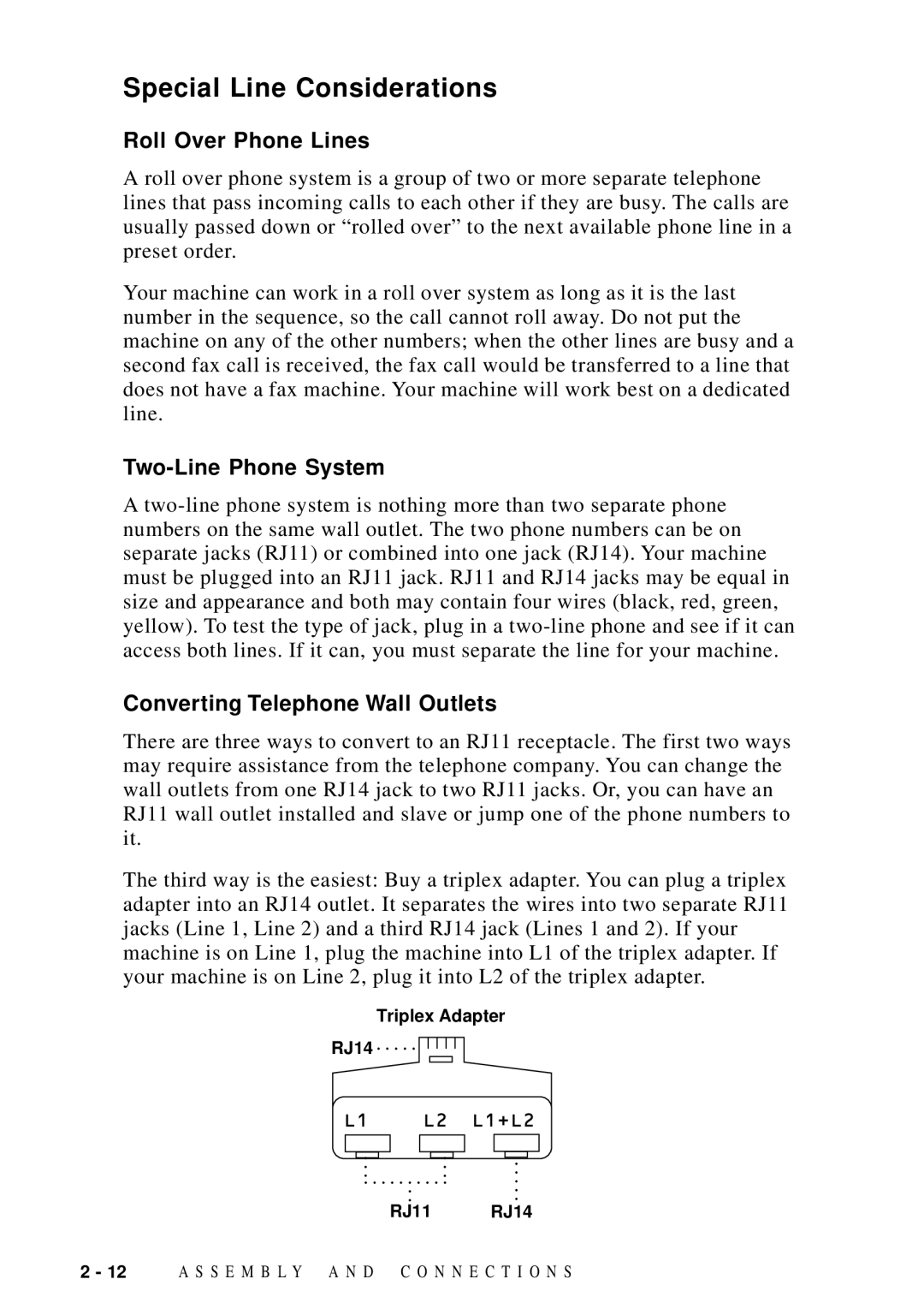 Brother FAX 4750 manual Special Line Considerations, Roll Over Phone Lines, Two-Line Phone System 