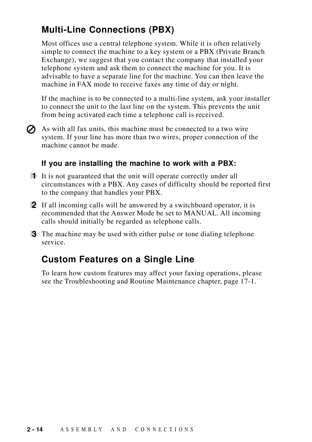 Brother FAX 4750 manual Multi-Line Connections PBX, Custom Features on a Single Line 