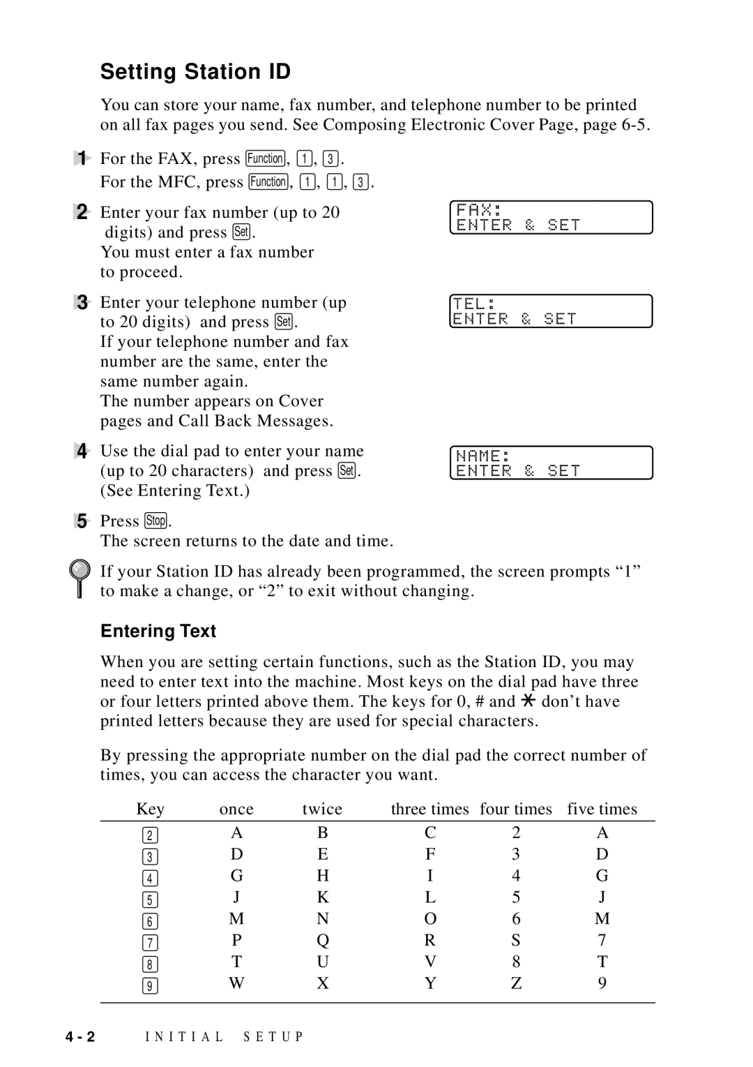 Brother FAX 4750 manual Setting Station ID, Entering Text 