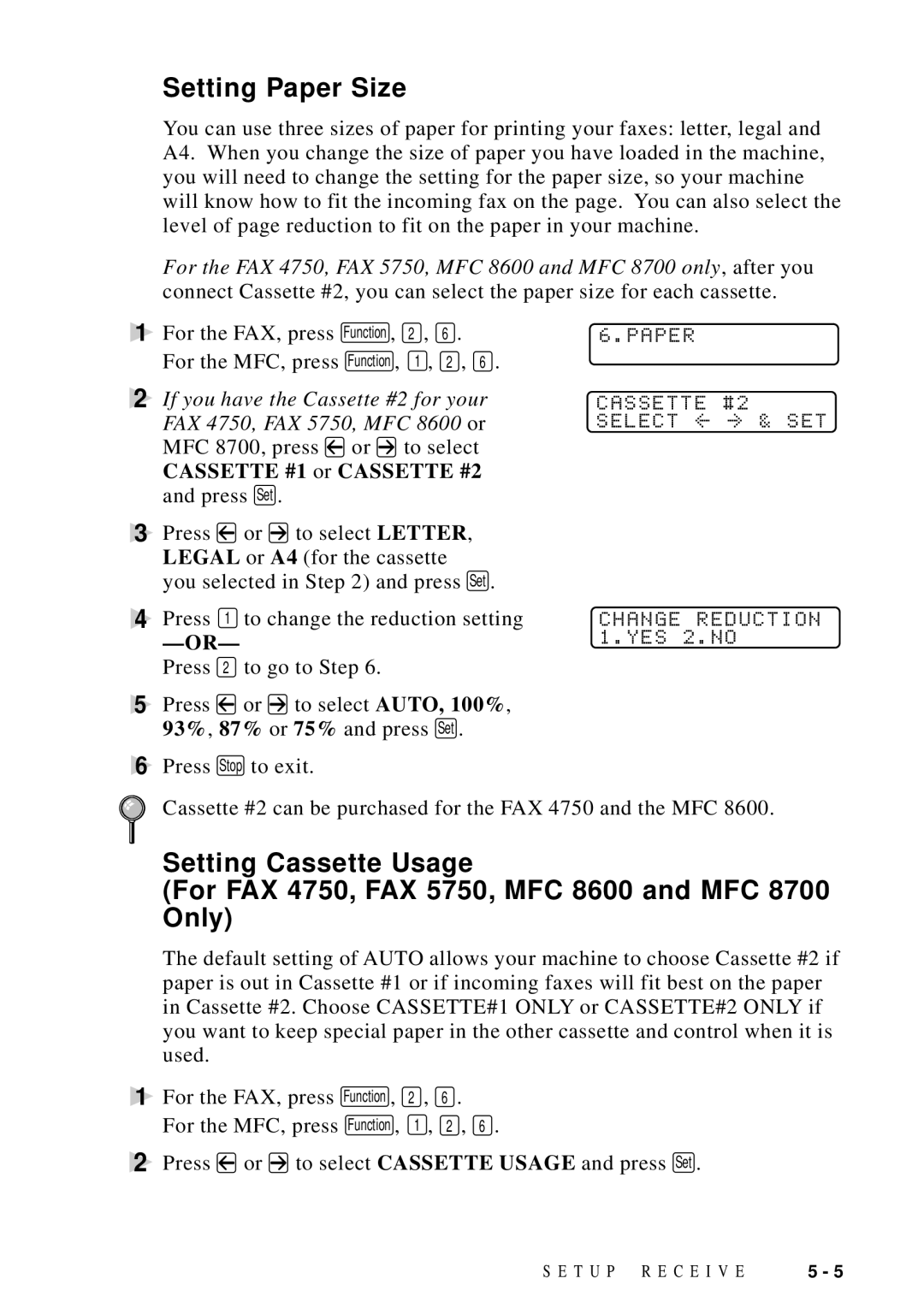 Brother FAX 4750 manual Setting Paper Size, Cassette #1 or Cassette #2 and press Set 