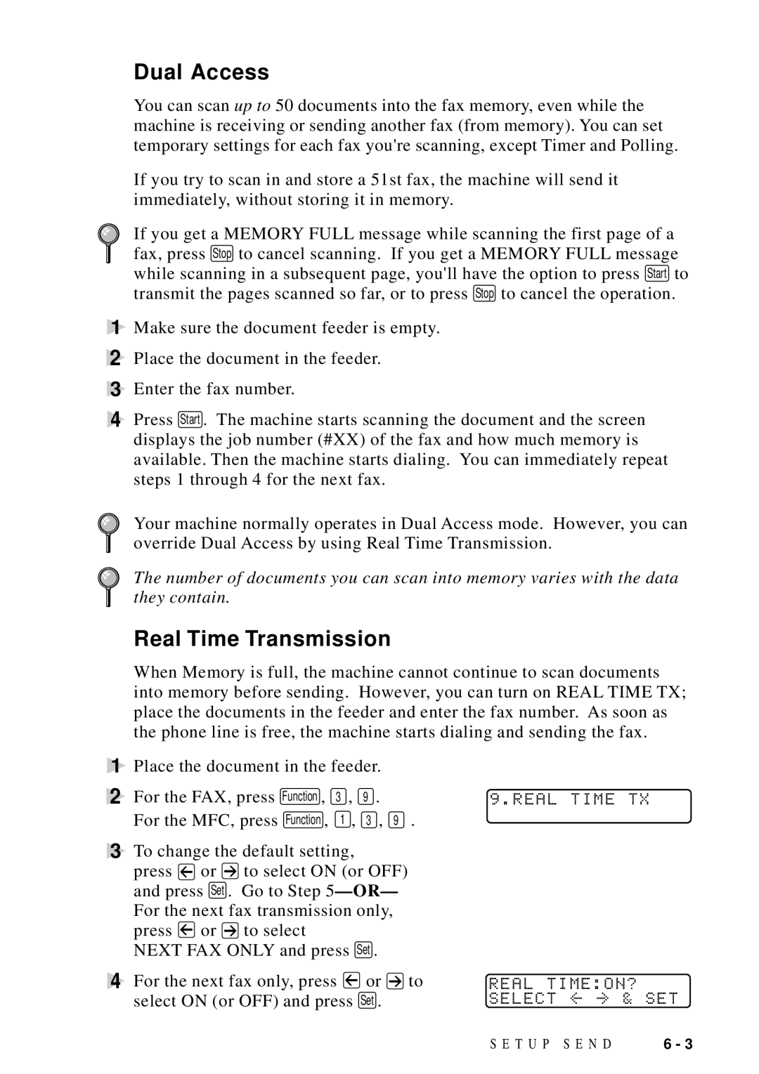 Brother FAX 4750 manual Dual Access, Real Time Transmission, Real Time TX, Real TIMEON? 