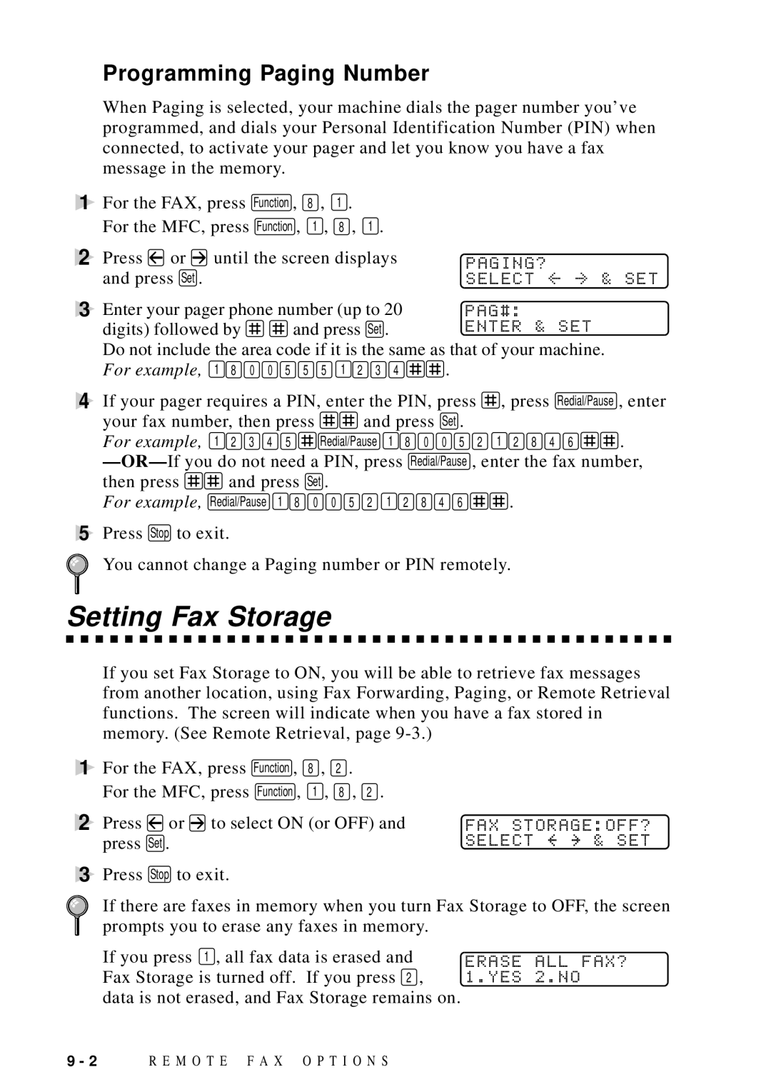 Brother FAX 4750 manual Setting Fax Storage, Programming Paging Number 