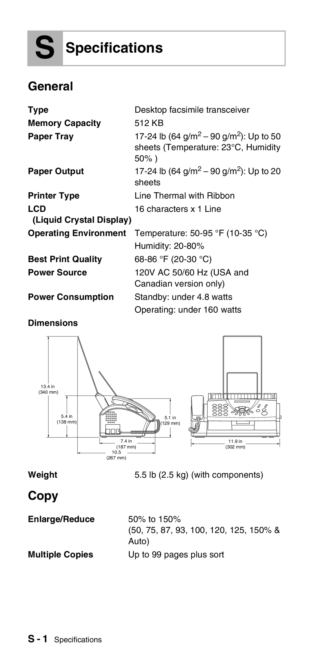 Brother FAX-575 manual Specifications, General, Copy 