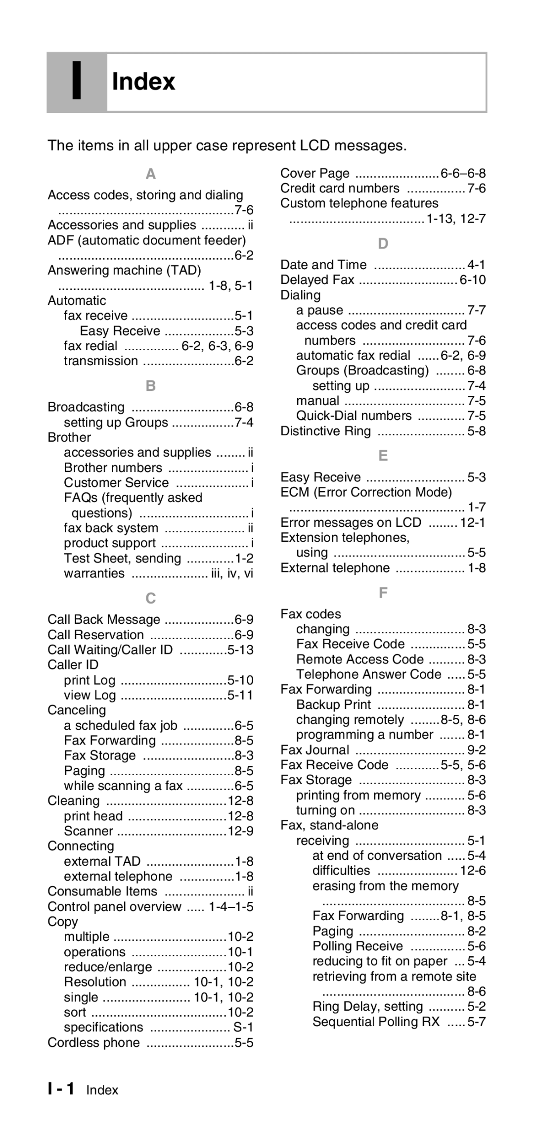 Brother FAX-575 manual Index, Items in all upper case represent LCD messages 