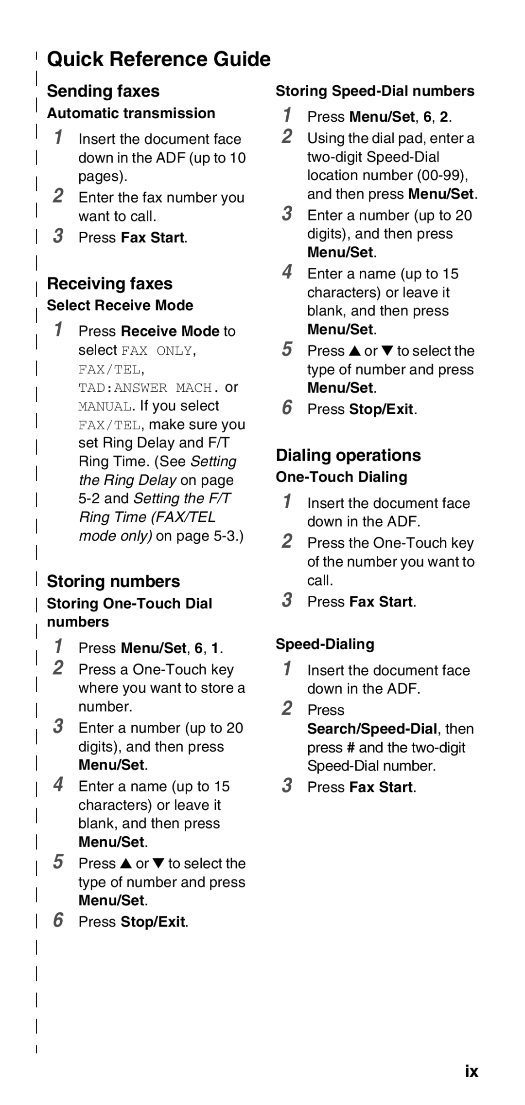 Brother FAX-575 manual Quick Reference Guide, Sending faxes, Receiving faxes, Storing numbers, Dialing operations 