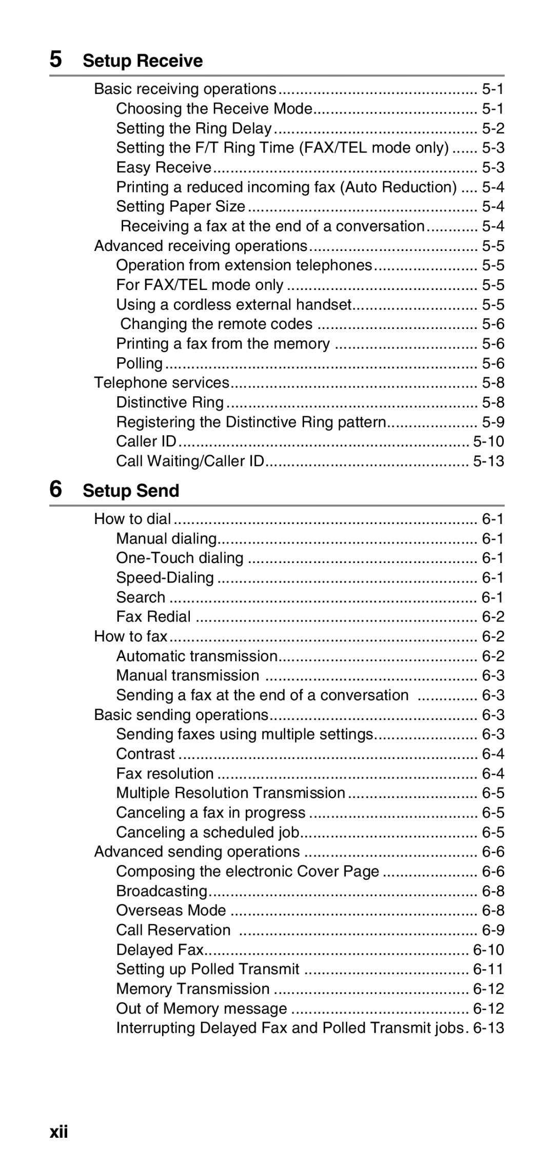 Brother FAX-575 manual Setup Receive, Setup Send, Xii, Interrupting Delayed Fax and Polled Transmit jobs 