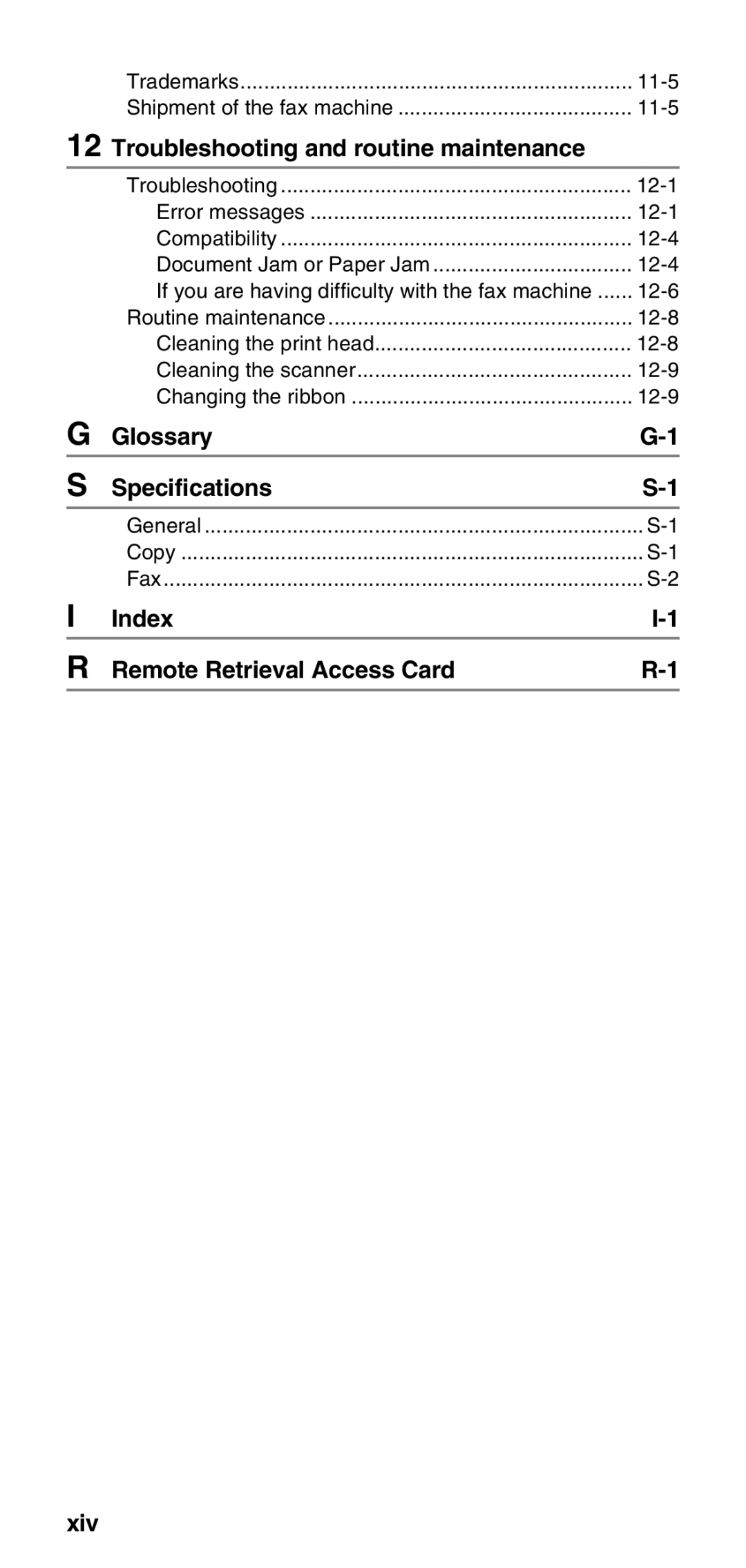 Brother FAX-575 Troubleshooting and routine maintenance, Glossary Specifications, Index Remote Retrieval Access Card Xiv 