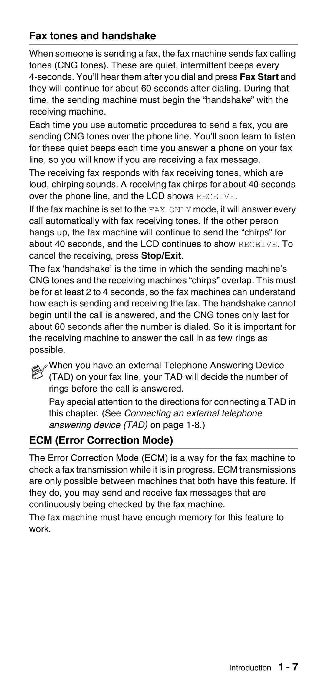 Brother FAX-575 manual Fax tones and handshake, ECM Error Correction Mode 