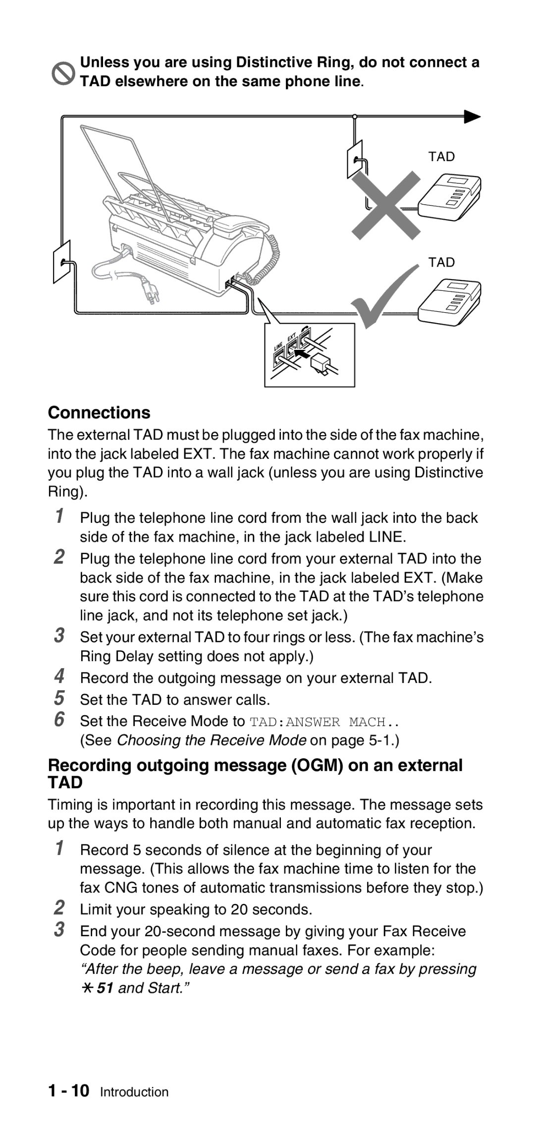 Brother FAX-575 manual Connections, Recording outgoing message OGM on an external, Limit your speaking to 20 seconds 