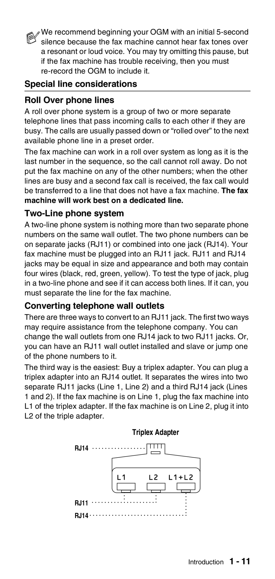 Brother FAX-575 manual Special line considerations Roll Over phone lines, Two-Line phone system, Triplex Adapter 