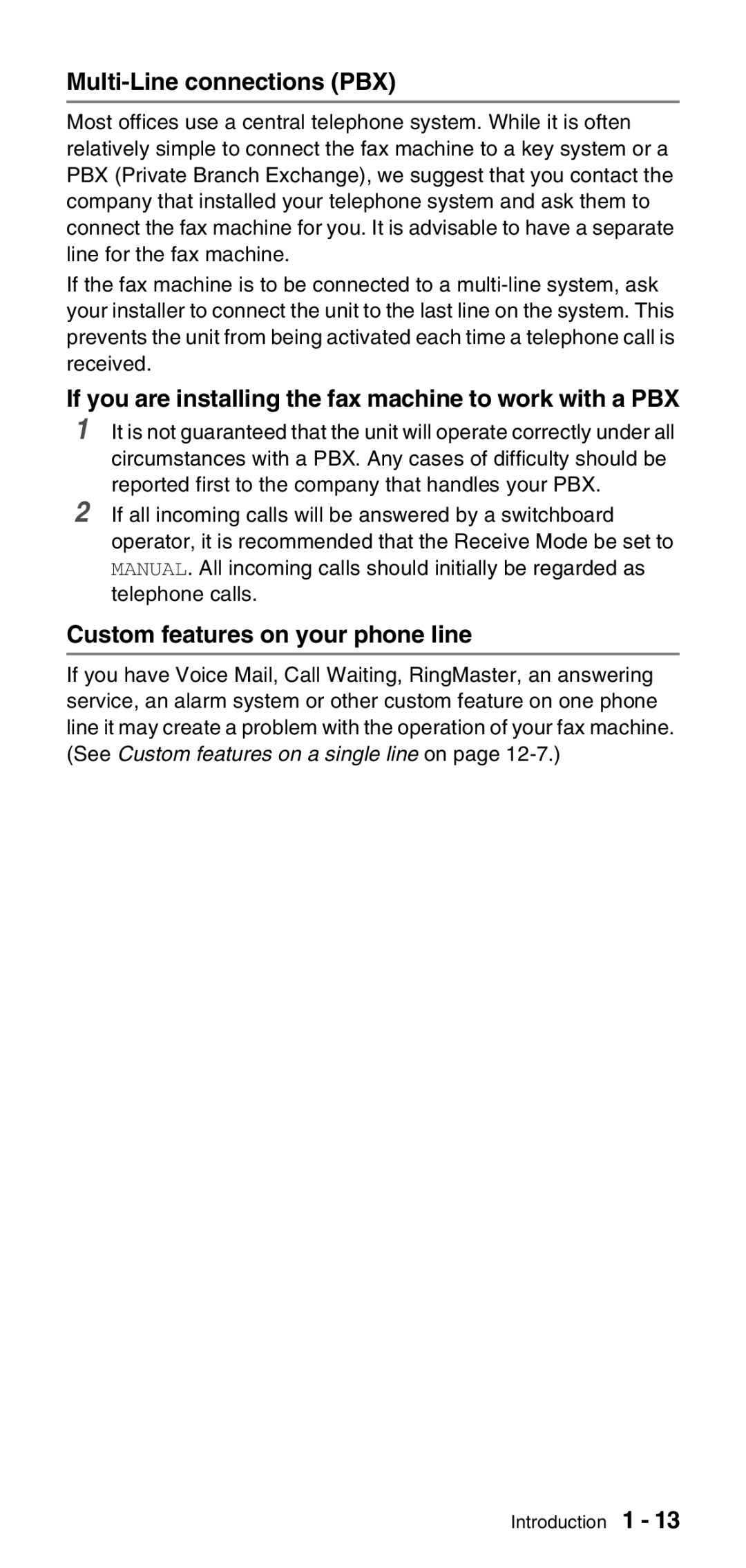 Brother FAX-575 manual Multi-Line connections PBX, If you are installing the fax machine to work with a PBX 