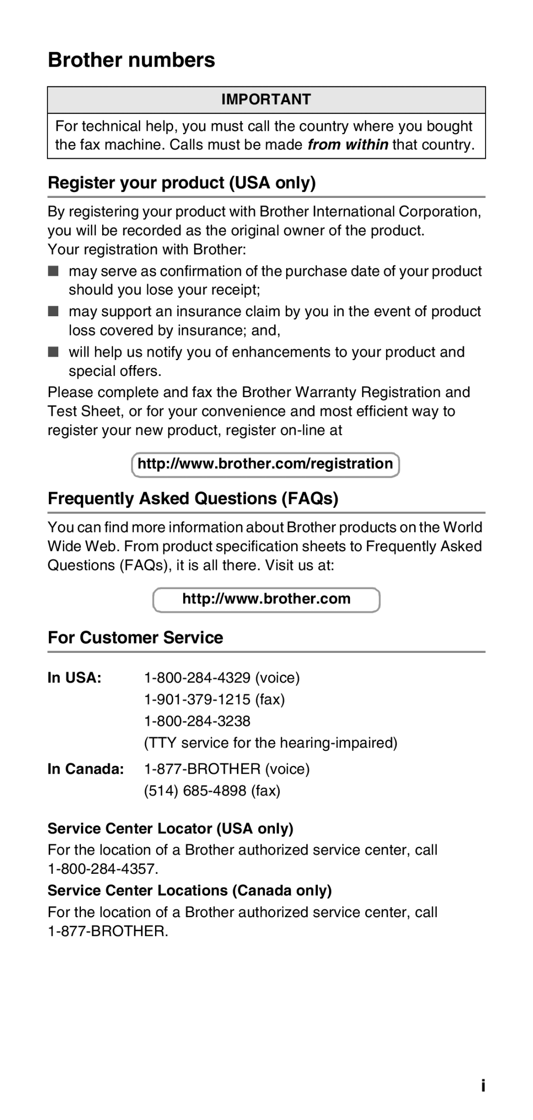 Brother FAX-575 Brother numbers, Register your product USA only, Frequently Asked Questions FAQs, For Customer Service 