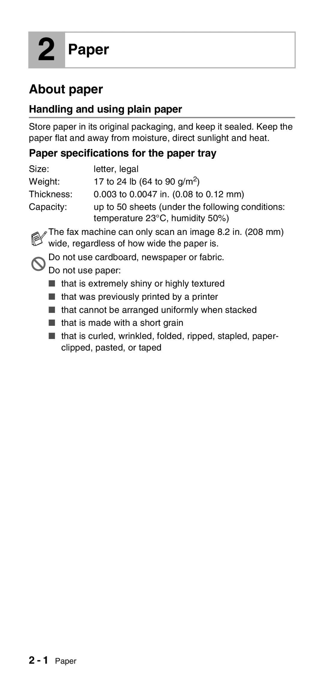 Brother FAX-575 manual About paper, Handling and using plain paper, Paper specifications for the paper tray 