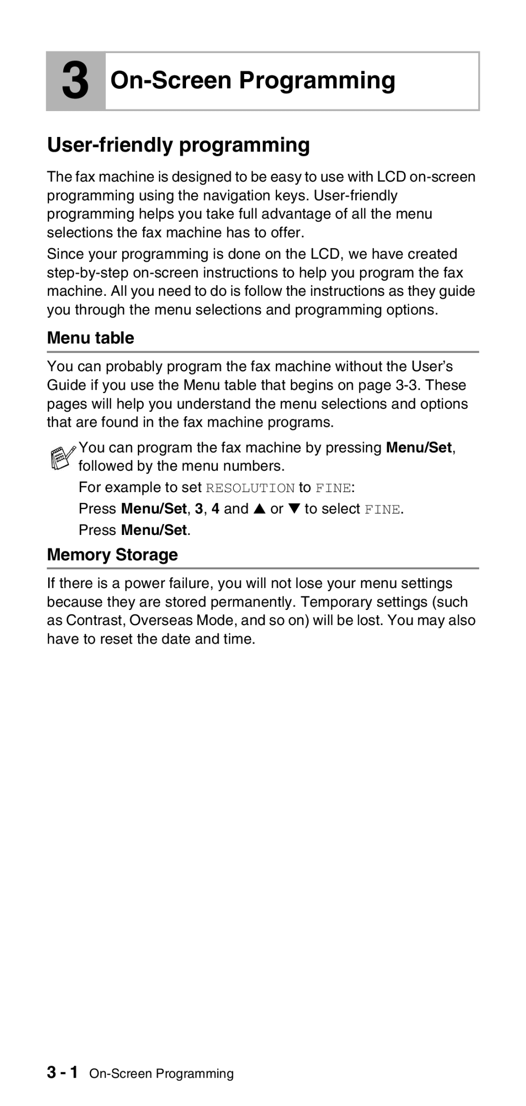 Brother FAX-575 manual On-Screen Programming, User-friendly programming, Menu table, Memory Storage 