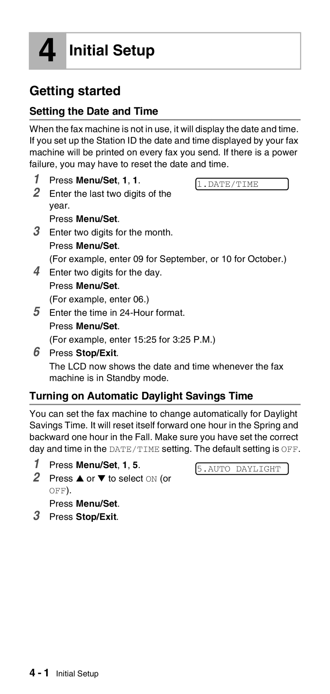 Brother FAX-575 Initial Setup, Getting started, Setting the Date and Time, Turning on Automatic Daylight Savings Time 