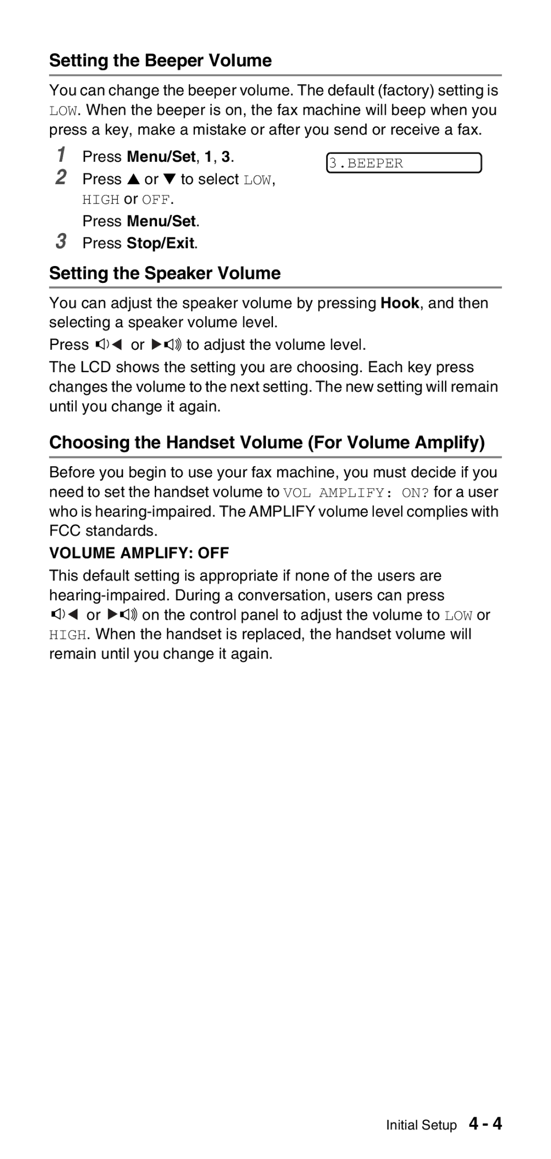 Brother FAX-575 Setting the Beeper Volume, Setting the Speaker Volume, Choosing the Handset Volume For Volume Amplify 