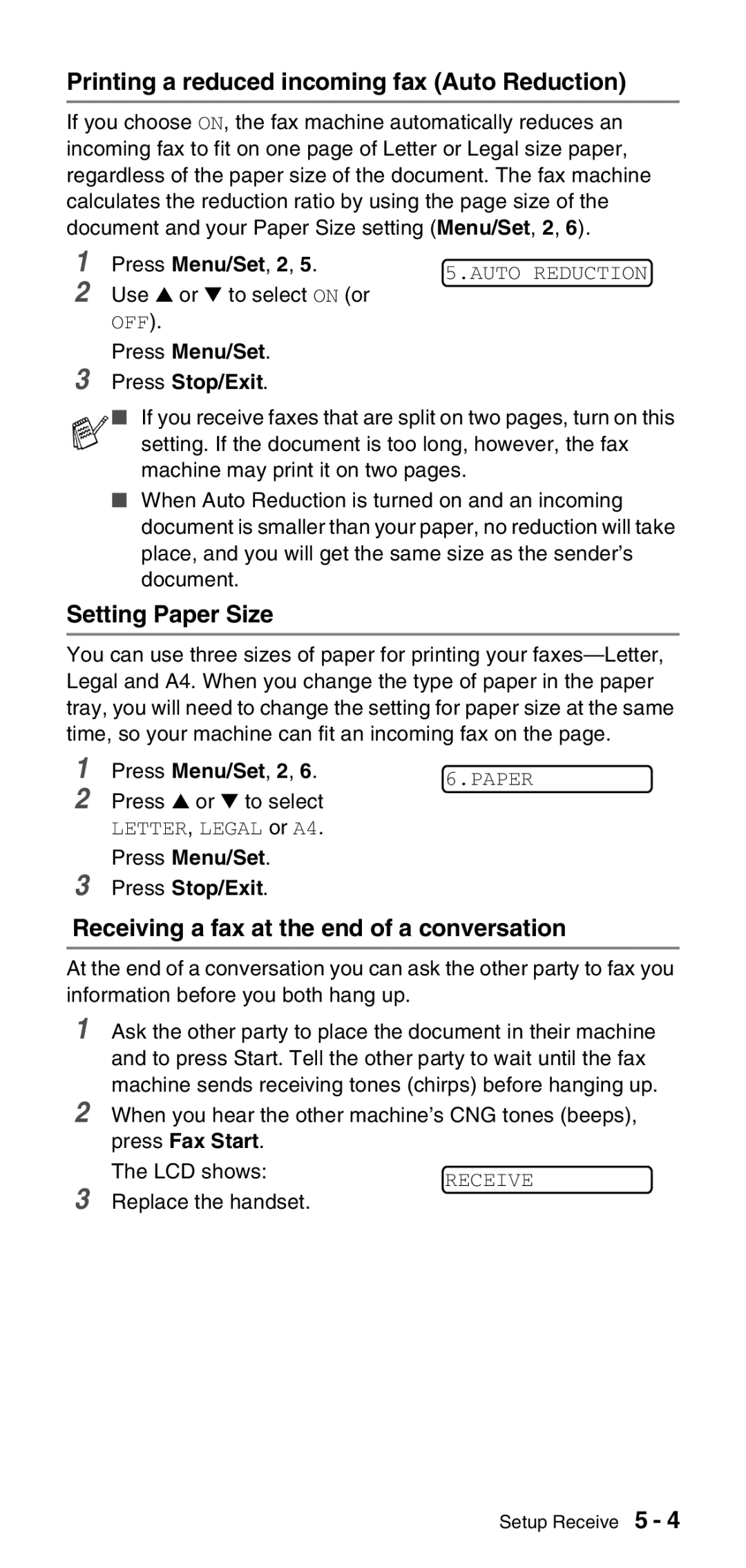 Brother FAX-575 manual Printing a reduced incoming fax Auto Reduction, Setting Paper Size 