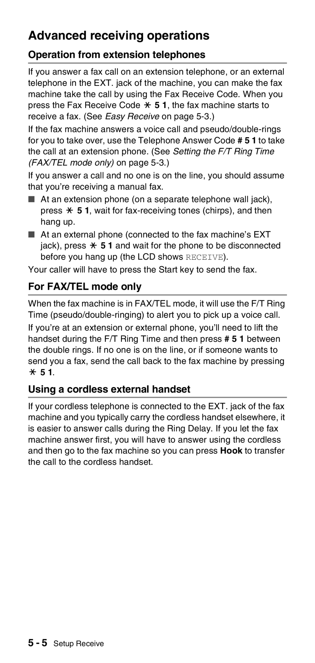 Brother FAX-575 manual Advanced receiving operations, Operation from extension telephones, For FAX/TEL mode only 