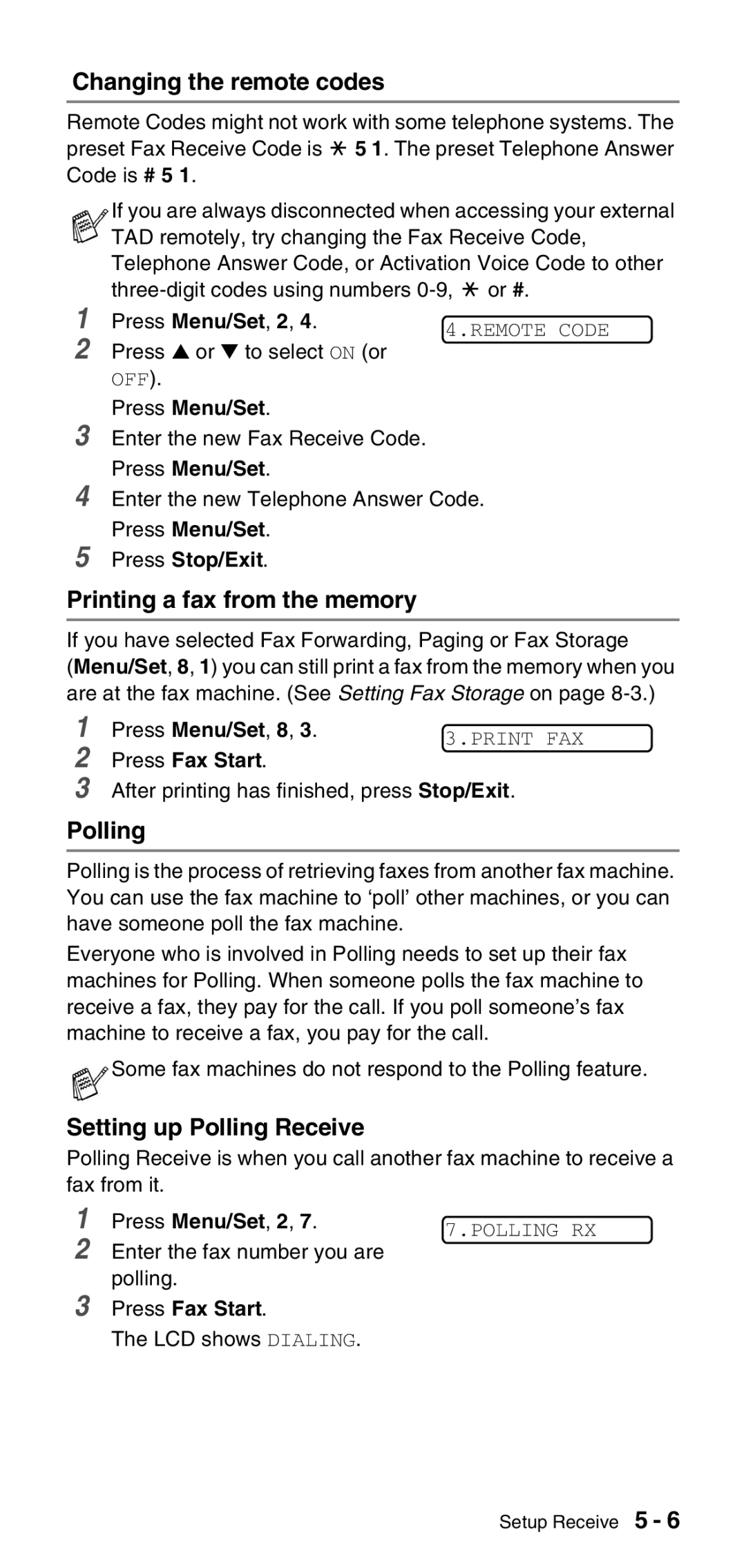 Brother FAX-575 manual Changing the remote codes, Printing a fax from the memory, Setting up Polling Receive 