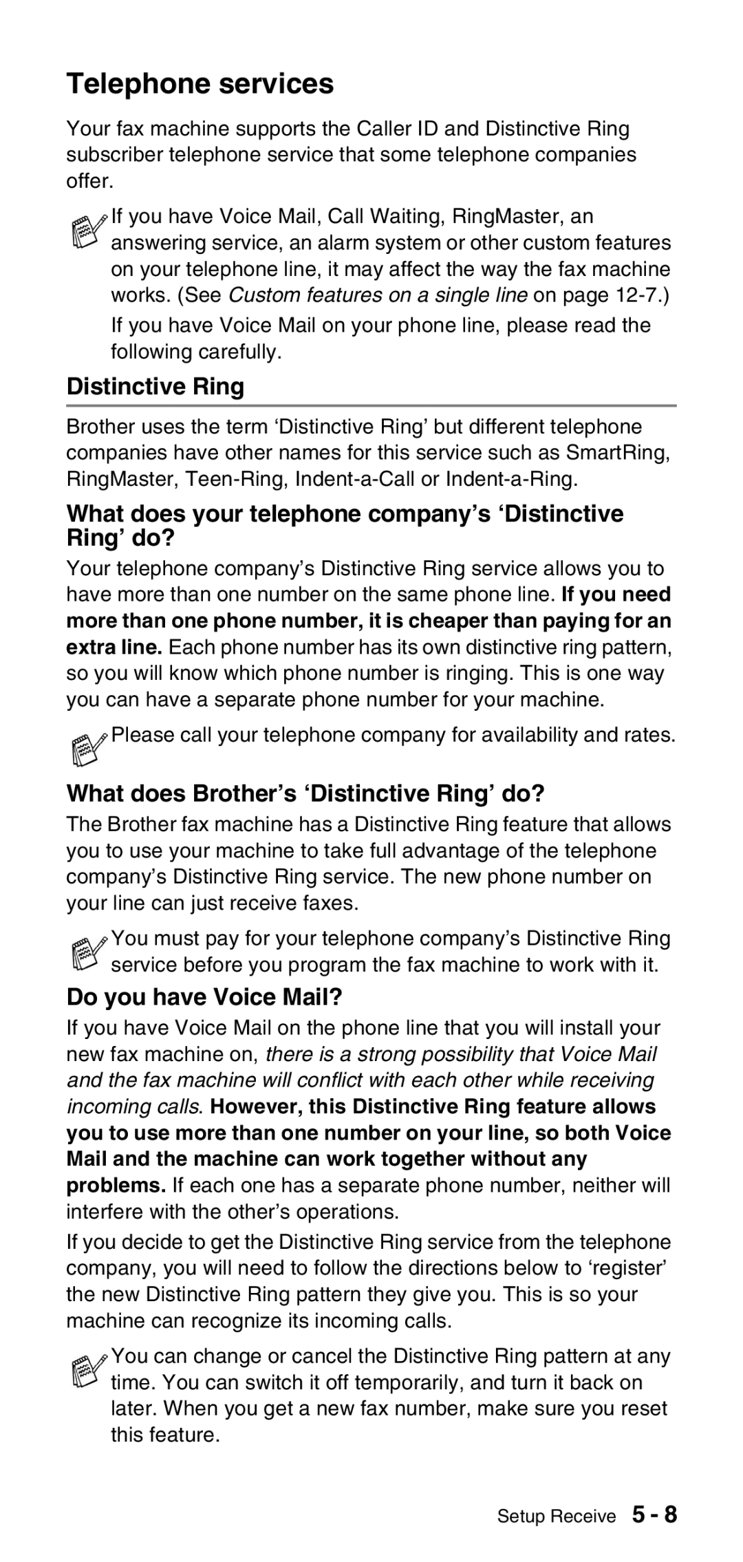 Brother FAX-575 Telephone services, What does your telephone company’s ‘Distinctive Ring’ do?, Do you have Voice Mail? 