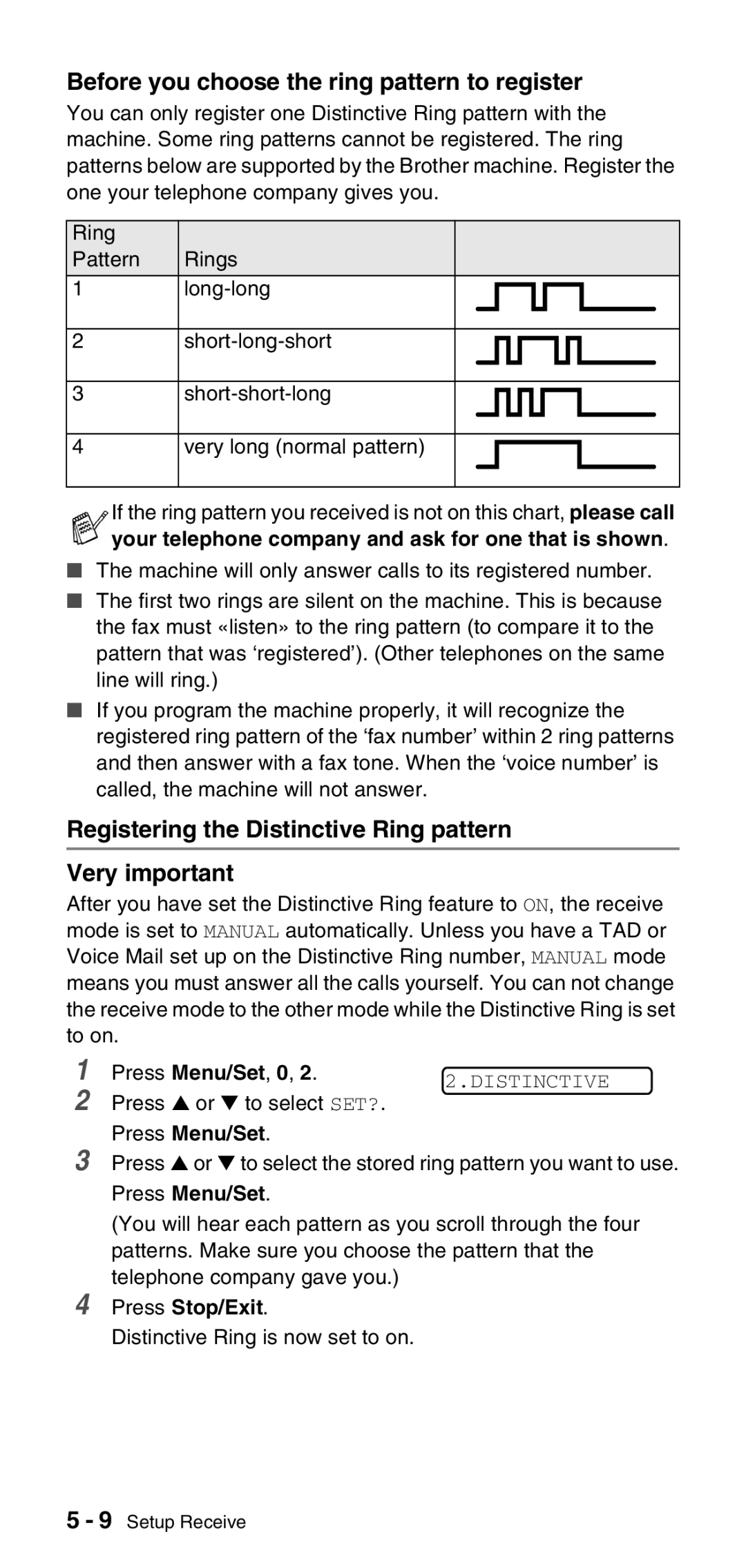 Brother FAX-575 Before you choose the ring pattern to register, Registering the Distinctive Ring pattern Very important 