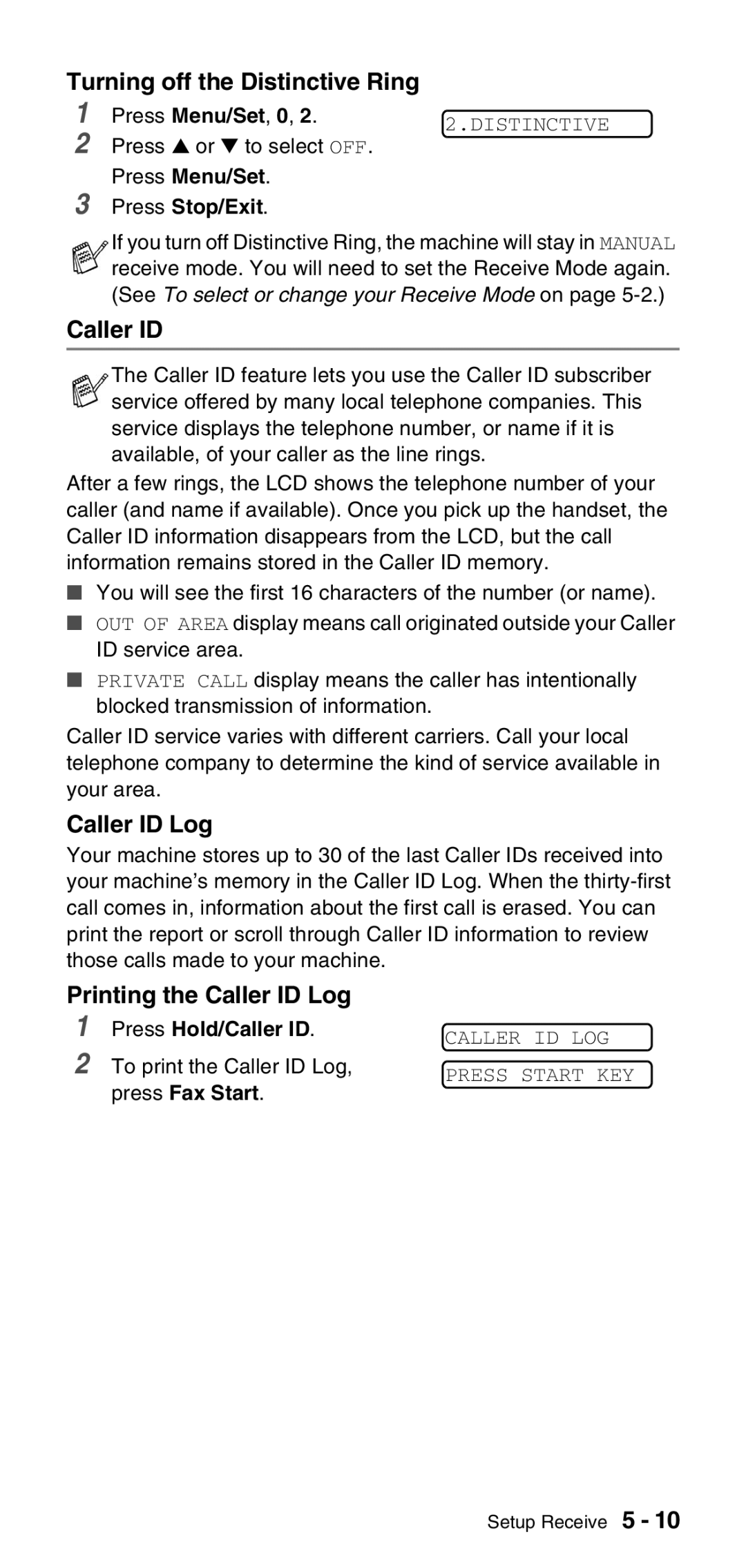 Brother FAX-575 manual Turning off the Distinctive Ring, Printing the Caller ID Log, Press Hold/Caller ID 