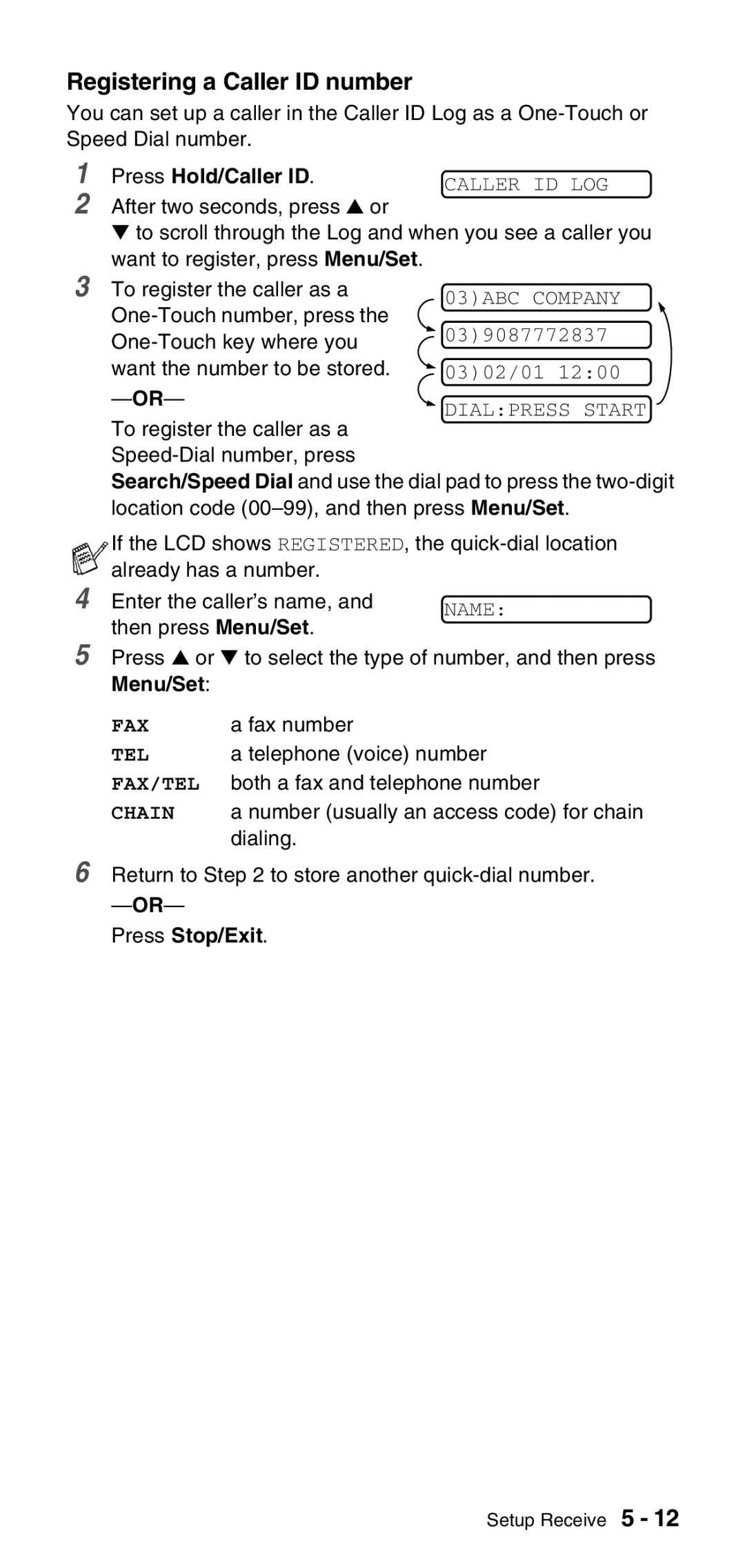 Brother FAX-575 manual Registering a Caller ID number, Menu/Set 