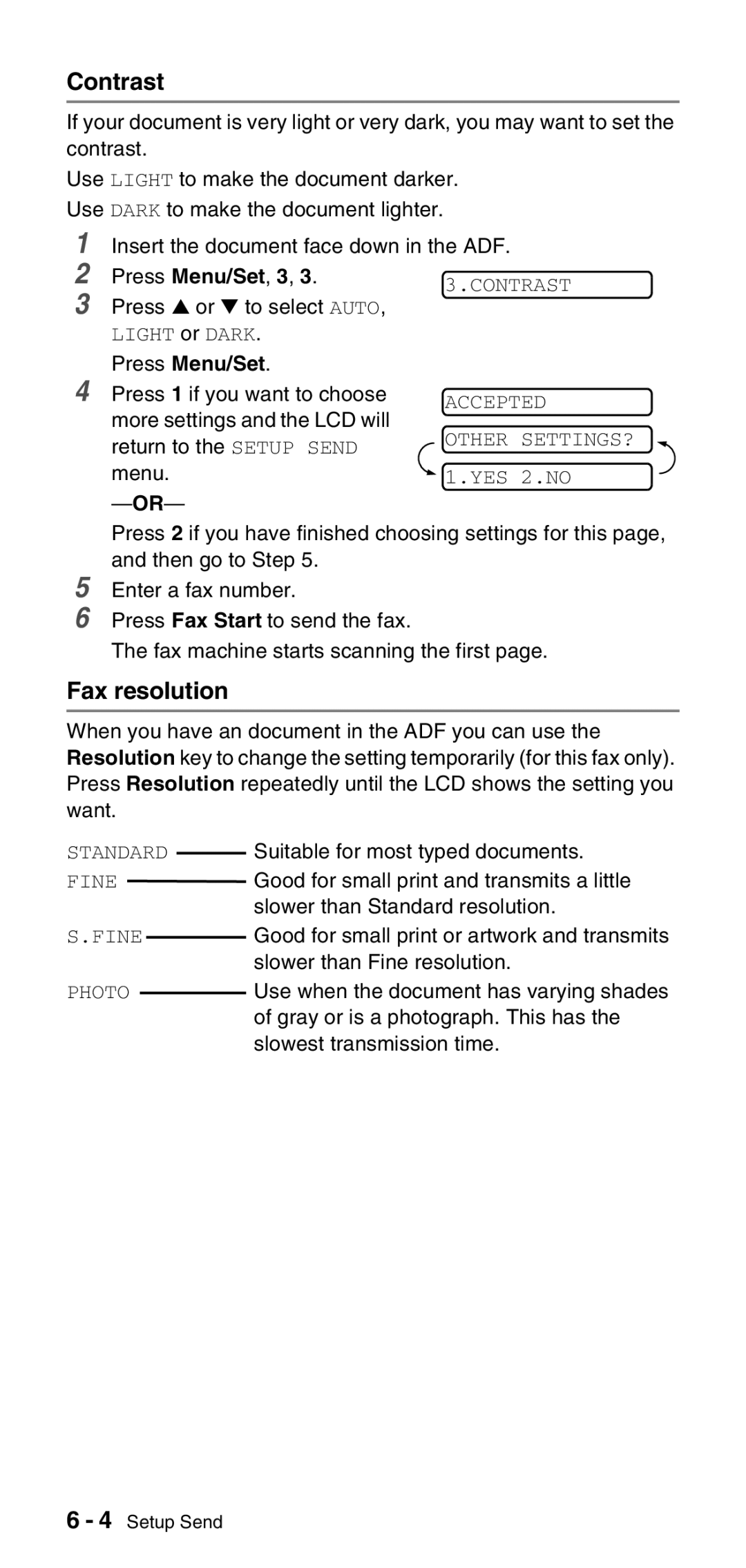 Brother FAX-575 manual Contrast, Fax resolution 